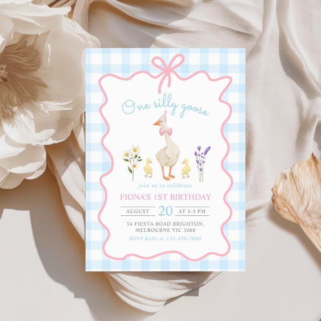 One Silly Goose Blue Gingham 1st Birthday Invitation (Creator Uploaded)
