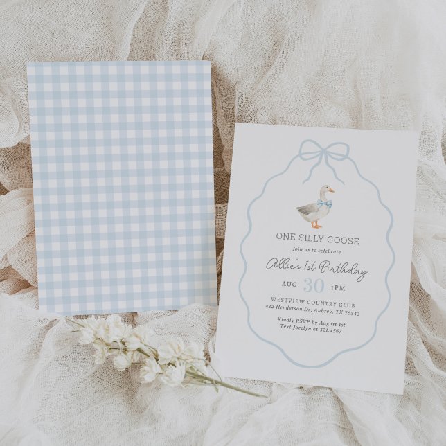 One Silly Goose Blue Gingham Bow Bow 1st Birthday Invitation (Creator Uploaded)