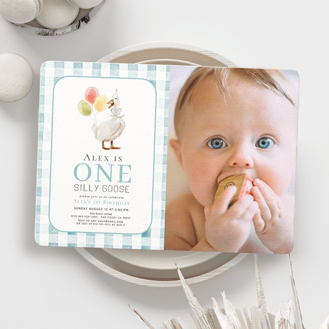 One Silly Goose Blue Gingham Boy 1st Birthday Invitation (Creator Uploaded)