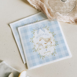 One Silly Goose Blue Gingham Boy 1st Birthday Napkin