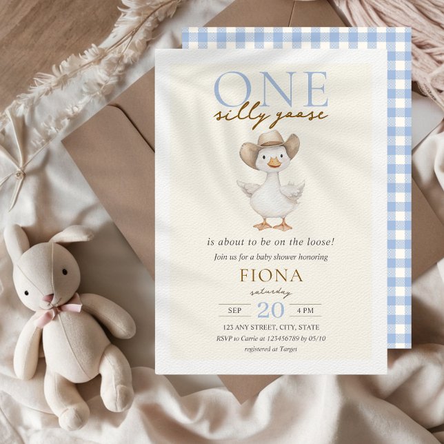 One Silly Goose Blue Gingham Boy Baby Shower Invitation (One Silly Goose Blue Gingham Baby Shower Invitation Cute Farm Animals )