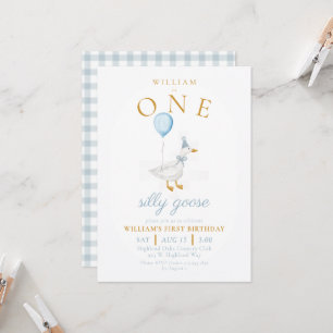 ONE Silly Goose Blue Gingham Boy First Birthday Invitation