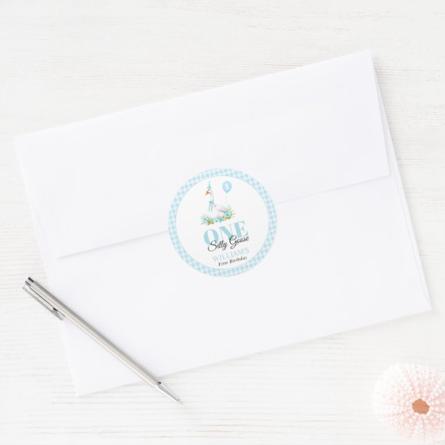 One silly goose, blue gingham boy's 1st birthday classic round sticker (Envelope)