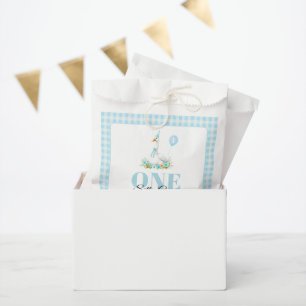 One silly goose, blue gingham boy's 1st birthday favour bags