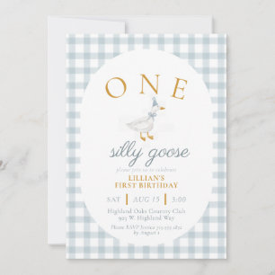 ONE Silly Goose Blue Gingham Daisy First Birthday Invitation