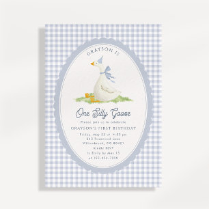 One Silly Goose Blue Gingham First Birthday Invita Invitation