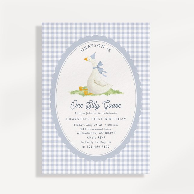 One Silly Goose Blue Gingham First Birthday Invita Invitation (Creator Uploaded)