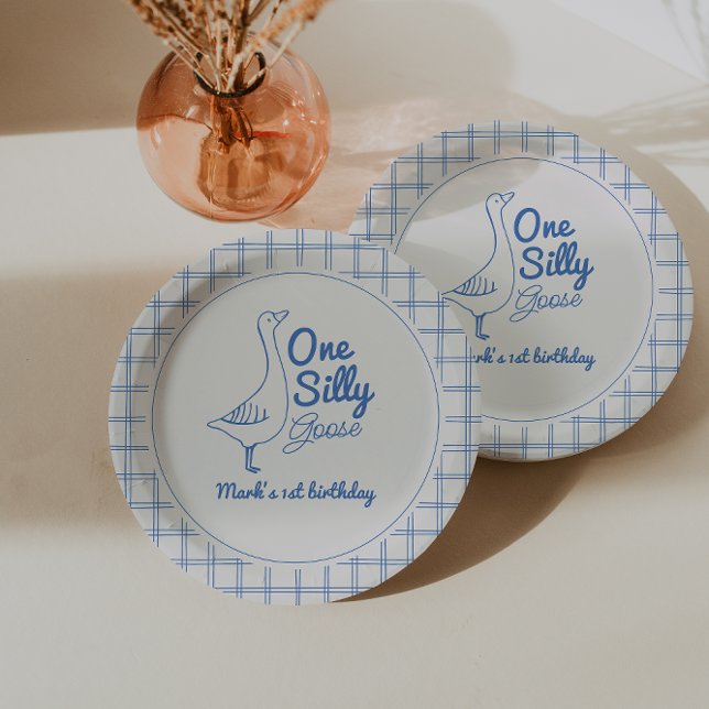 One Silly Goose Blue Hand Drawn Boy 1st Birthday Paper Plate (Creator Uploaded)