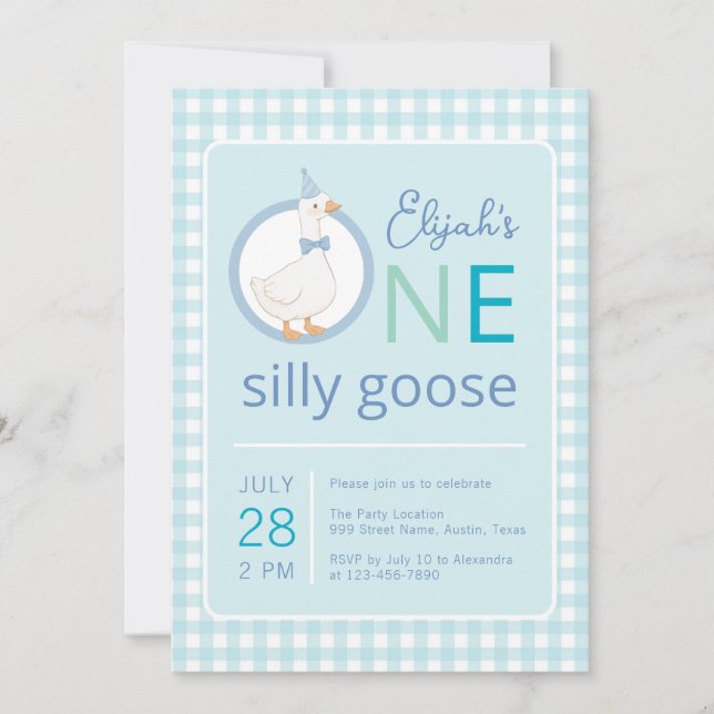 One Silly Goose Blue Party Hat Boy First Birthday Invitation (Front)
