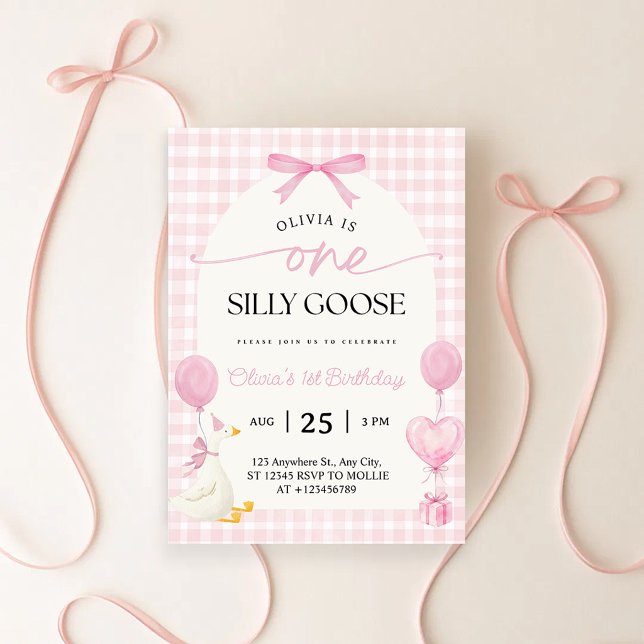 One Silly Goose Blue Pink Gingham 1st Birthday Invitation (Creator Uploaded)