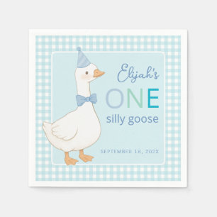 One Silly Goose Blue Plaid Boy 1st Birthday Party Napkin