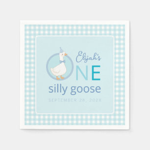 One Silly Goose Blue Plaid Cute Boy First Birthday Napkin