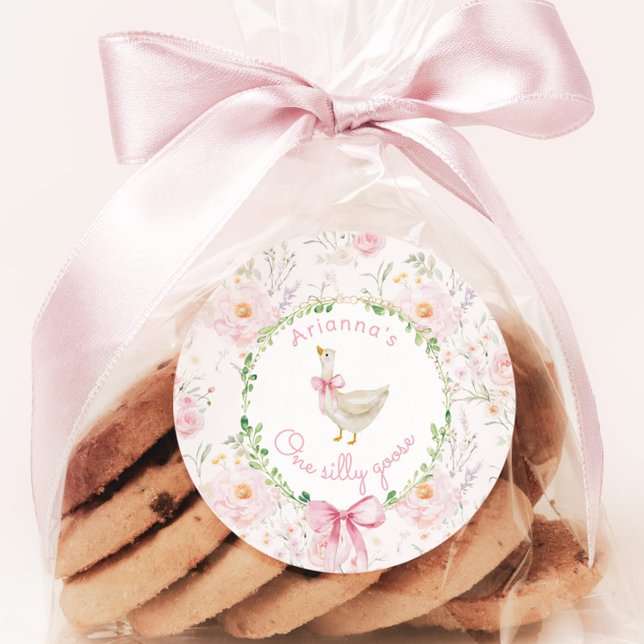 One Silly Goose Blush pink Bow Girl 1st Birthday  Classic Round Sticker (Creator Uploaded)