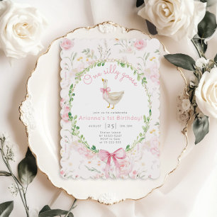 One Silly Goose Blush pink Bow Girl 1st Birthday  Invitation