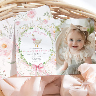 One Silly Goose Blush pink Bow Photo 1st Birthday  Invitation