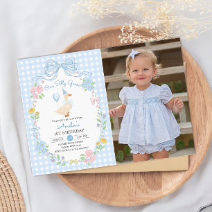 One Silly Goose Bow Floral 1st Birthday Photo Invitation