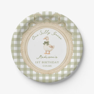 One Silly Goose Bow Gingham 1st Birthday Paper Plate