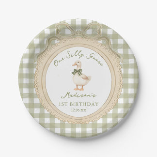 One Silly Goose Bow Gingham 1st Birthday Paper Plate