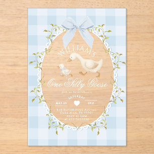 One Silly Goose Boy 1st BIrthday Gingham Whimsical Acrylic Invitations
