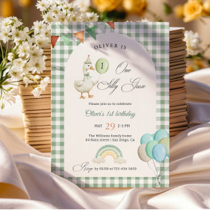 One Silly Goose Boy 1st Birthday Green Invitation