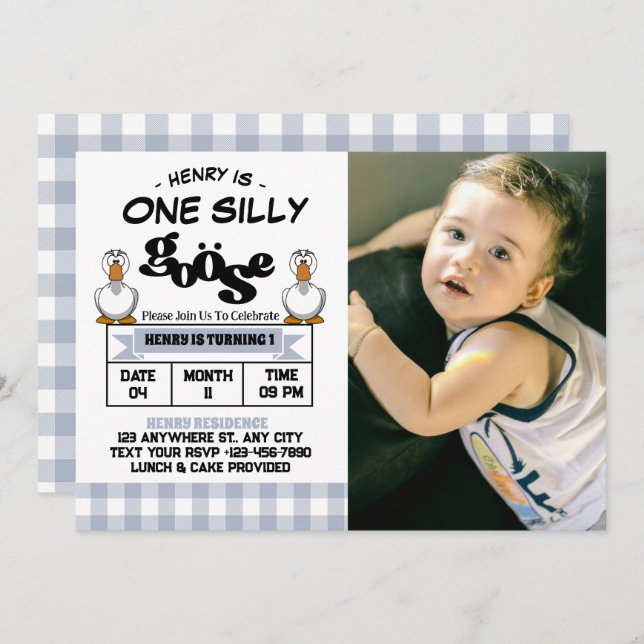 One Silly Goose Boy 1st Birthday Party Photo Invitation (Front/Back)