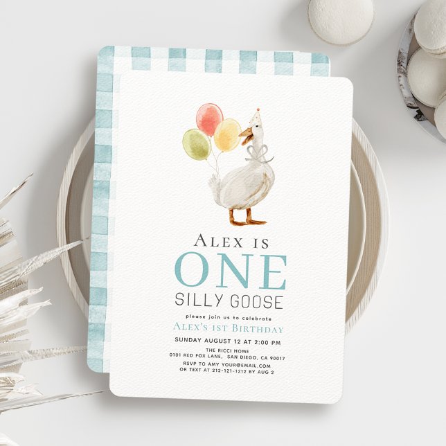 One Silly Goose Boy Blue Gingham 1st Birthday Invitation (Creator Uploaded)