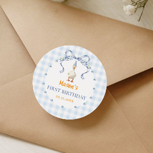 One Silly Goose Boy First Birthday Blue Gingham Classic Round Sticker