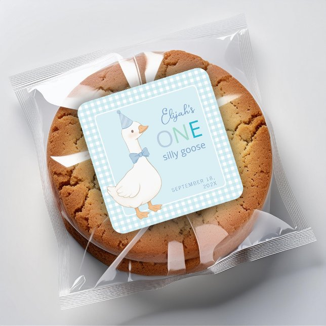 One Silly Goose Boy First Birthday Blue Party Hat Square Sticker (Creator Uploaded)