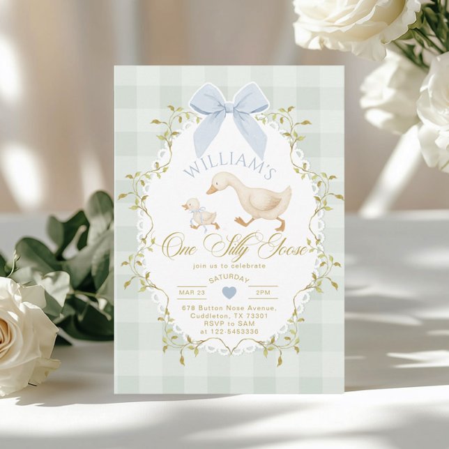 One Silly Goose Boy Gingham 1st Birthday Invitation (Creator Uploaded)