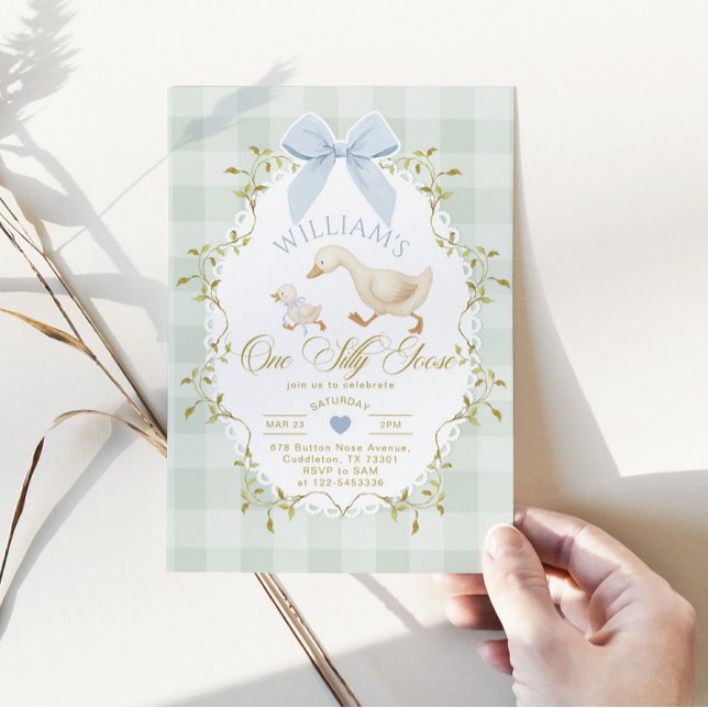 One Silly Goose Boy Gingham 1st Birthday Invitation (Creator Uploaded)
