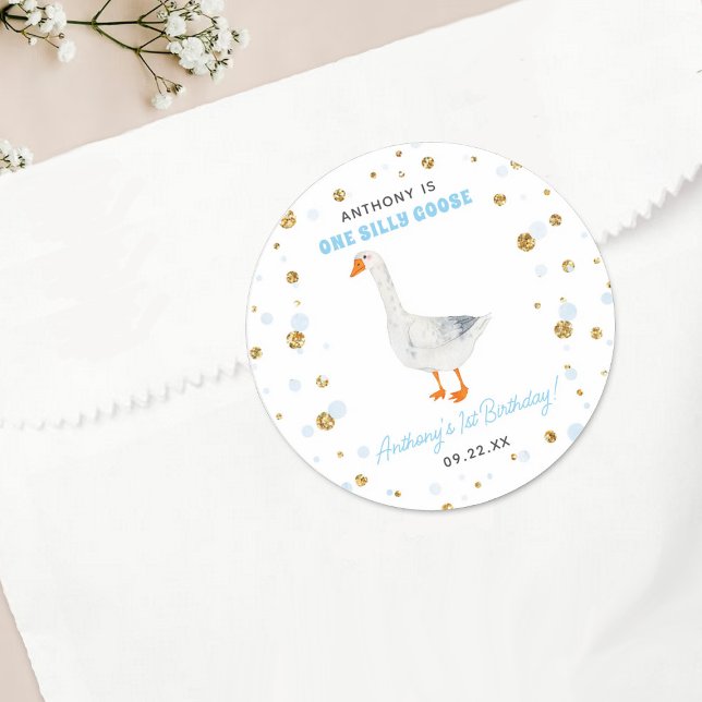 One Silly Goose Boys 1st Birthday Party Classic Round Sticker (Creator Uploaded)