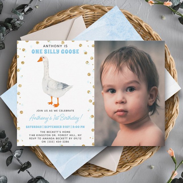 One Silly Goose Boys 1st Birthday Photo Invitation (Creator Uploaded)