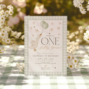 One Silly Goose Boys 1st Birthday Sage Gingham Invitation