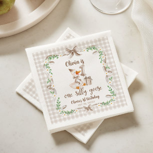One Silly Goose Brown Bow 1st Birthday Napkin