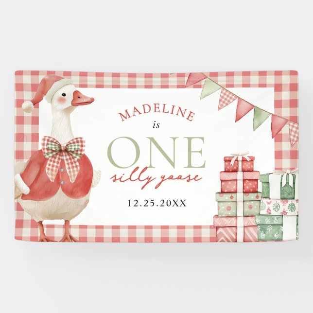One Silly Goose Christmas Gingham 1st Birthday Banner (Horizontal)