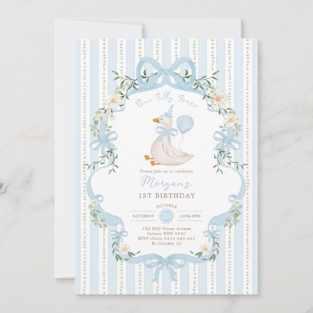 One Silly Goose Coquette Blue Stripe 1st Birthday Invitation (Front)