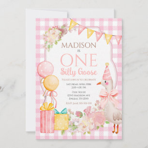 One Silly Goose Coquette Pink Bow 1st Birthday Invitation