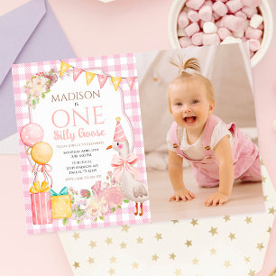 One Silly Goose Coquette Pink Bow 1st Birthday Invitation