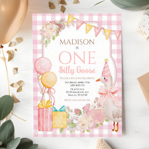 One Silly Goose Coquette Pink Bow 1st Birthday Invitation