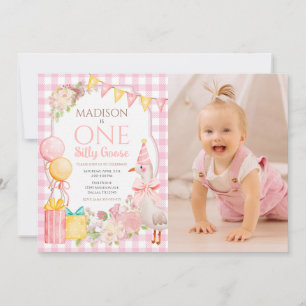One Silly Goose Coquette Pink Bow 1st Birthday Invitation