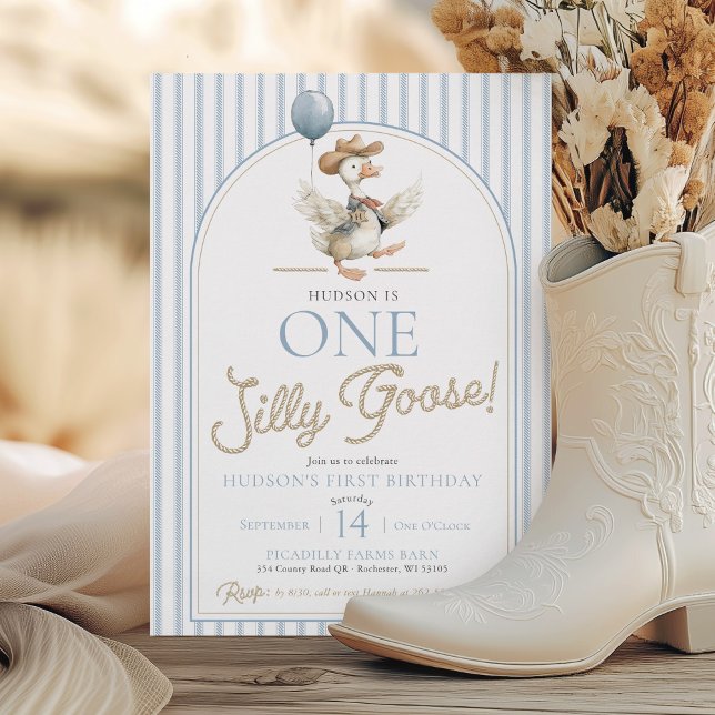One Silly Goose Cowboy Western Cute 1st Birthday Invitation (Cute ONE Silly Goose modern arch blue and tan brown Western Wild West boy 1st Birthday Invitation)