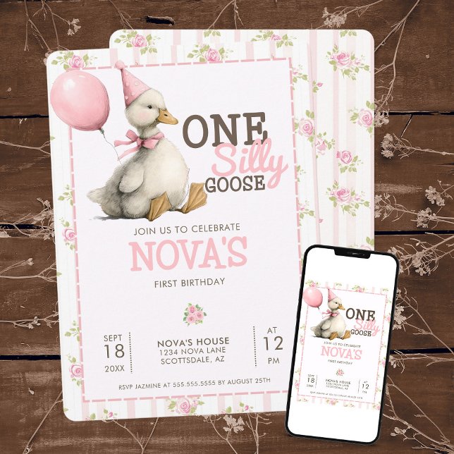 One Silly Goose Custom Pastel Pink 1st Birthday Invitation (Creator Uploaded)
