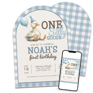 One Silly Goose Customized Blue 1st Birthday Arch Invitation