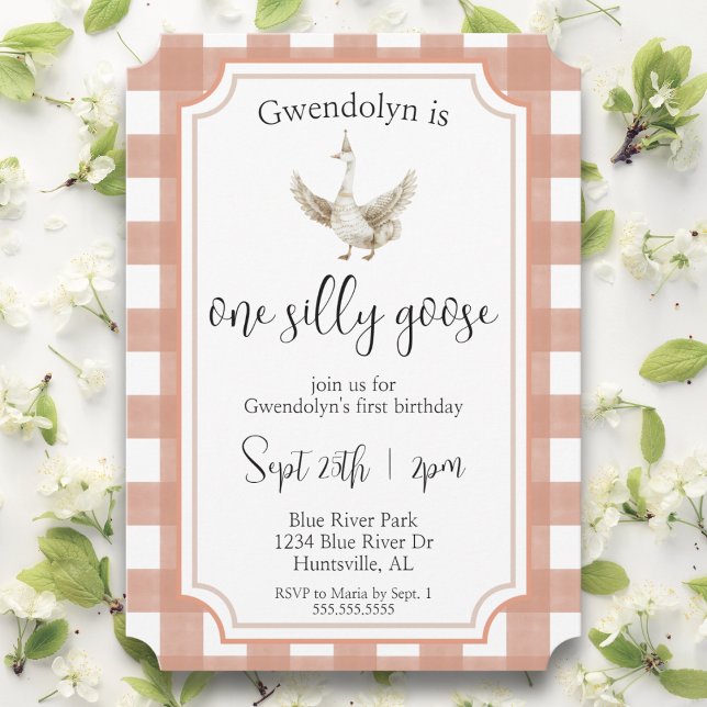 "One Silly Goose" Cute Pink First Birthday Party Invitation ("one silly goose" pink watercolor gingham picnic first birthday party invitation cute girls 1st bday)