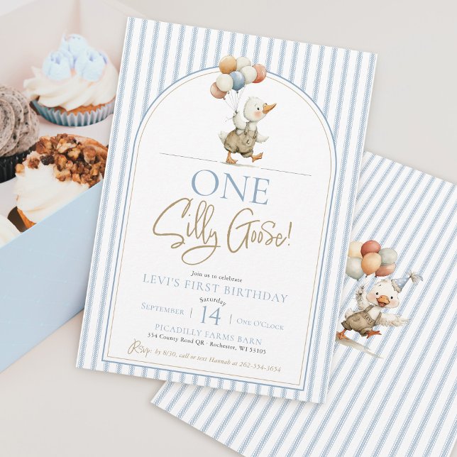 One Silly Goose Cute Pinstripe Boy 1st Birthday Invitation (ONE Silly Goose cute modern whimsical blue ticking pinstripe stripe arch boy 1st birthday invitation)