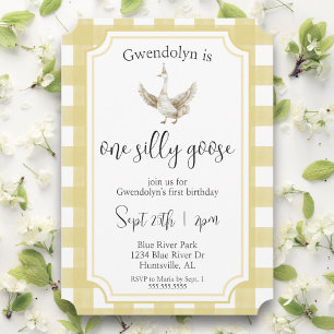 "One Silly Goose" Cute Yellow First Birthday Party Invitation