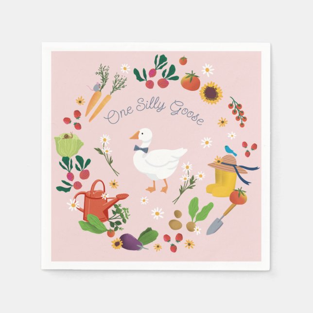 One Silly Goose Farmer Garden Theme Pink Napkin (Front)