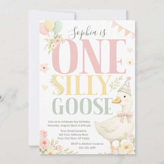 One Silly Goose First Birthday Invitation | Pastel (Front)
