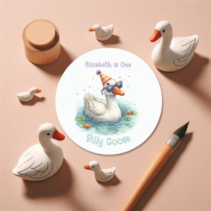 “One Silly Goose” First Birthday Party Classic Round Sticker