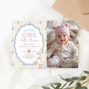  One Silly Goose Floral 1st Birthday Photo Invitation